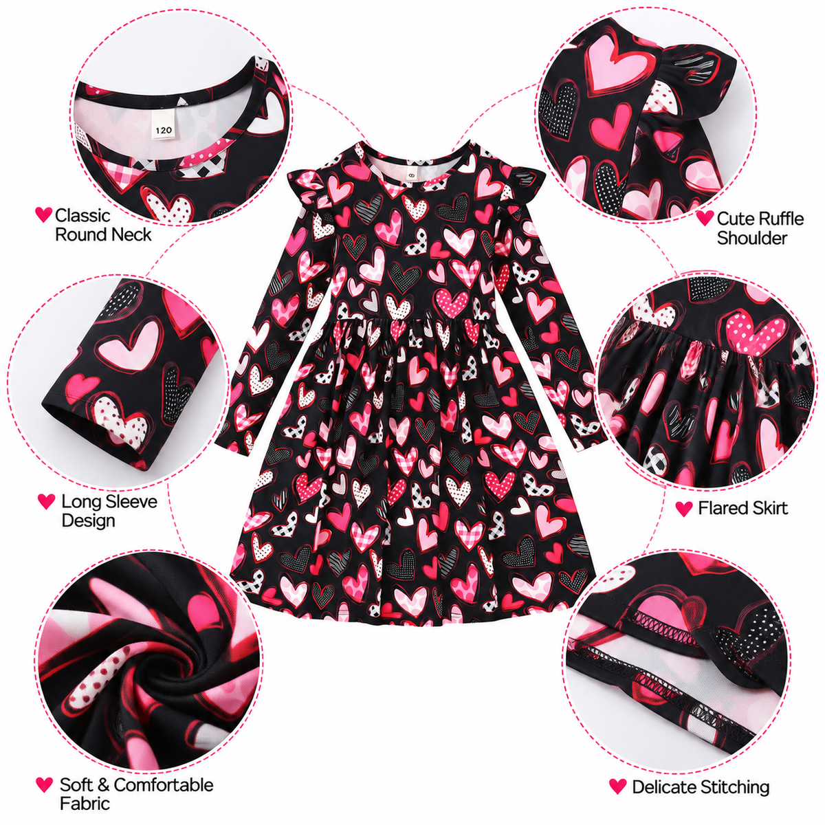 Girls' Pink Hearts Print Dress