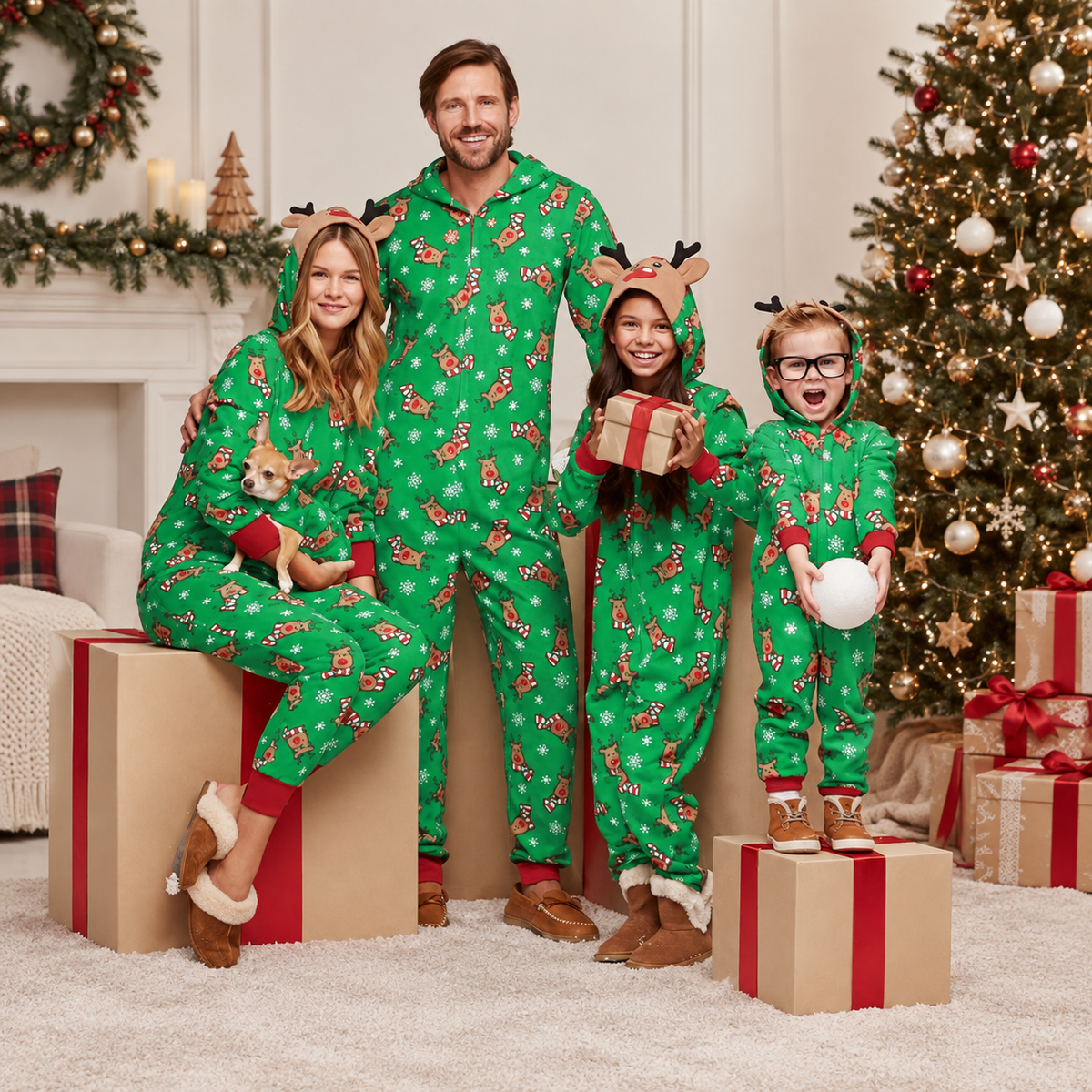 Hooded Christmas Print Family Matching Christmas Jumpsuit