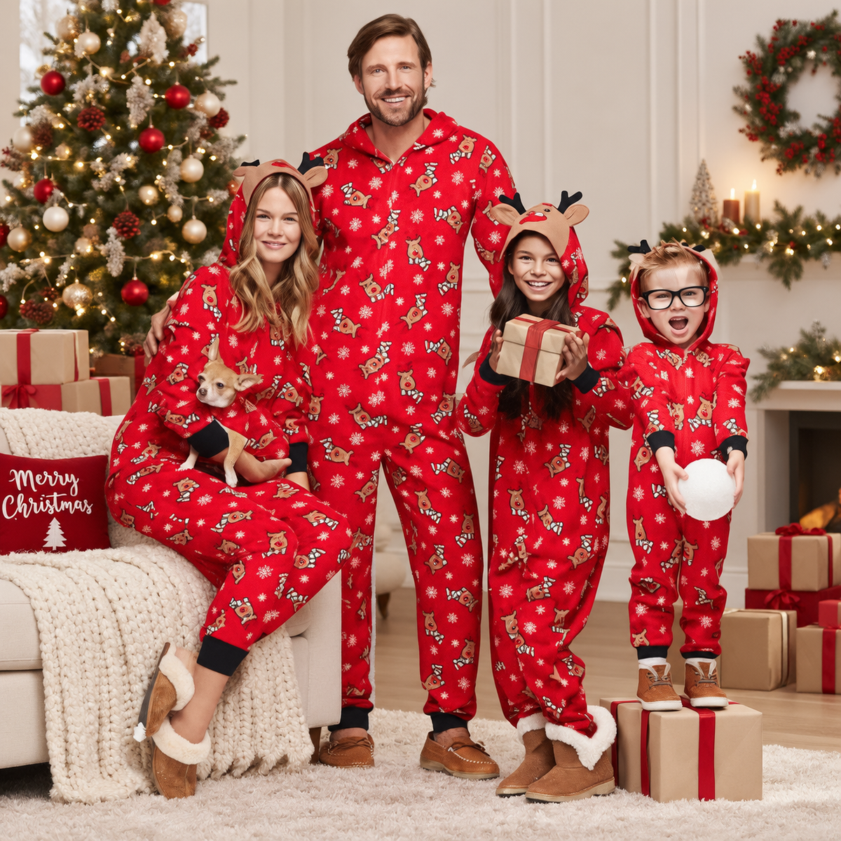 Hooded Christmas Print Family Matching Christmas Jumpsuit