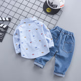 Boys' Cartoon Print Shirt & Denim Pants 2-Piece Outfit