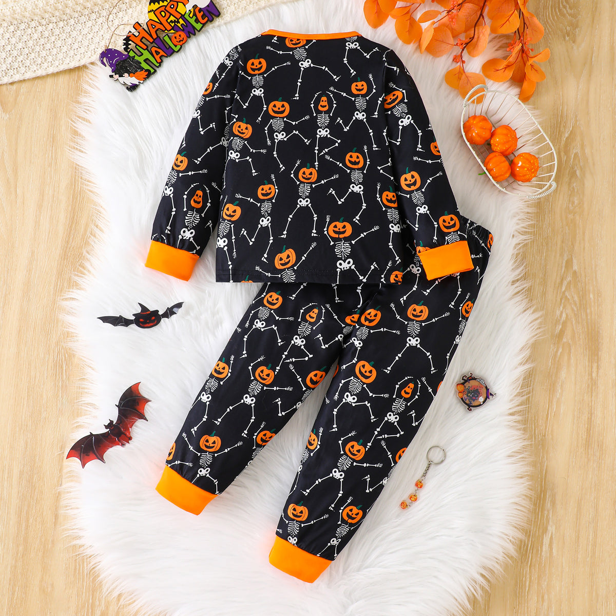 Skull & Pumpkin Print Long Sleeve Top & Pants Set