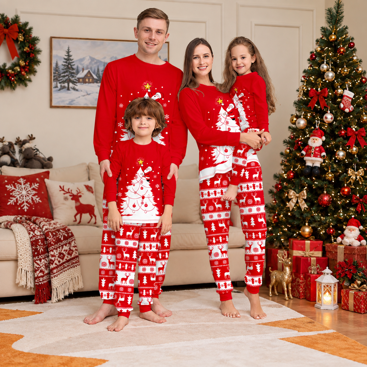 Red Christmas Tree Reindeer Family Matching Christmas Pajamas