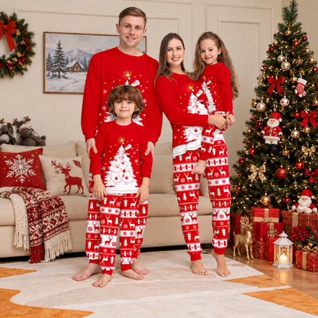 Red Christmas Tree Reindeer Family Matching Christmas Pajamas