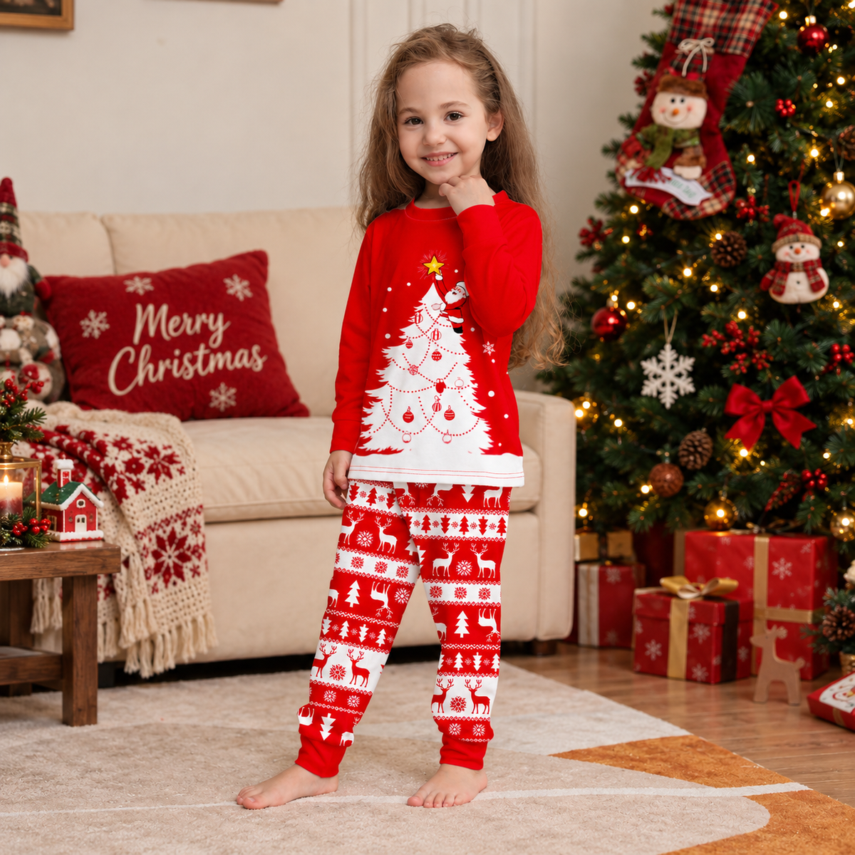 Red Christmas Tree Reindeer Family Matching Christmas Pajamas