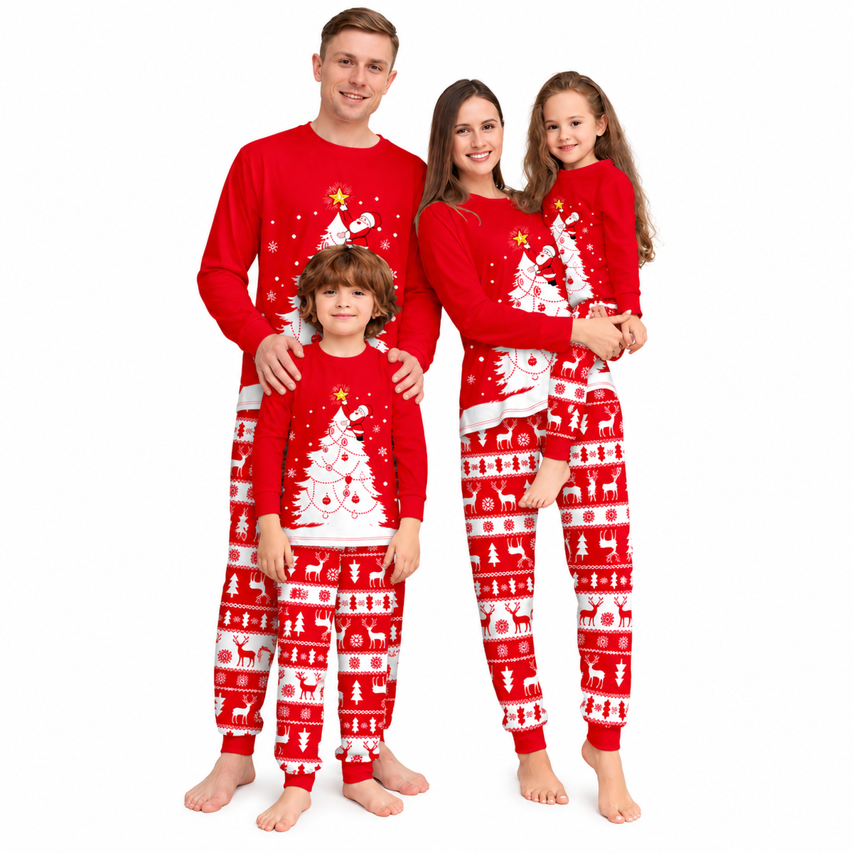 Red Christmas Tree Reindeer Family Matching Christmas Pajamas