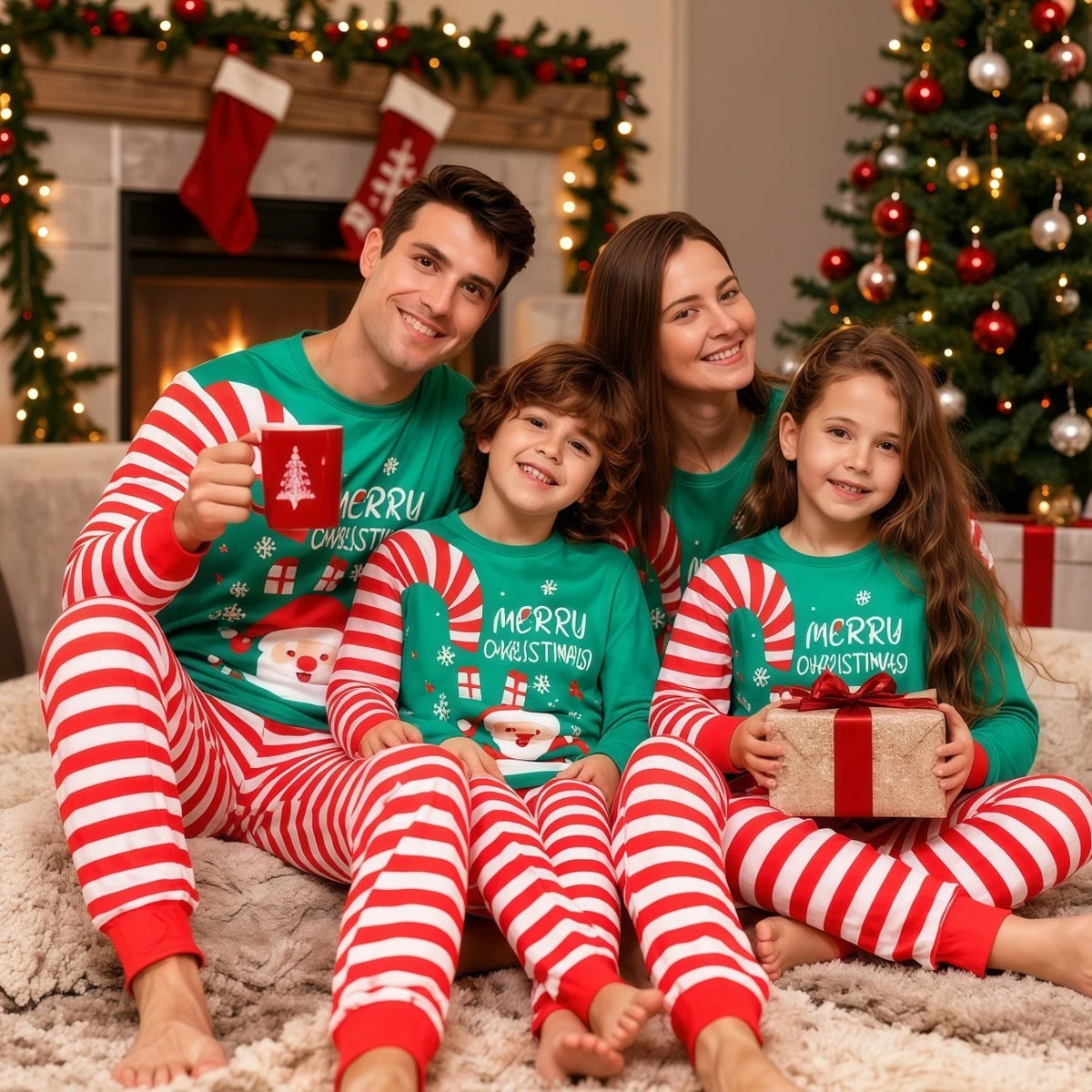 Santa Claus Red Stripes  Family Matching Christmas Pajamas