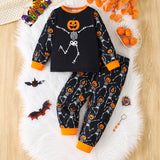 Skull & Pumpkin Print Long Sleeve Top & Pants Set