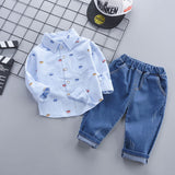 Boys' Cartoon Print Shirt & Denim Pants 2-Piece Outfit