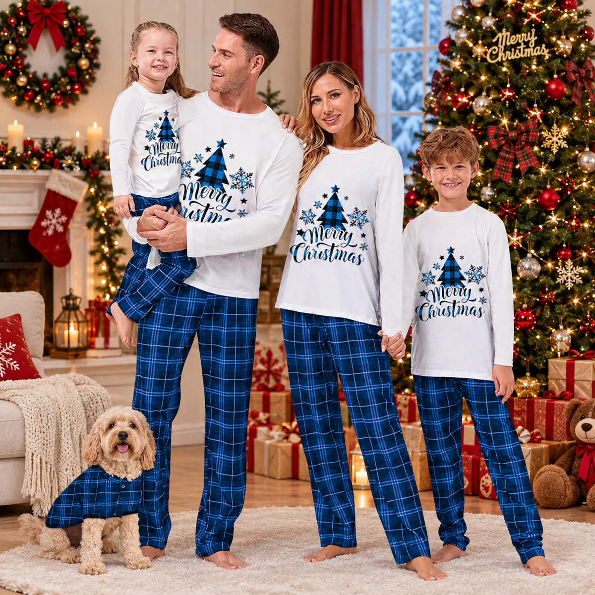 Blue Christmas Tree Plaid Family Matching Christmas Pajamas