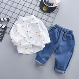 Boys' Cartoon Print Shirt & Denim Pants 2-Piece Outfit